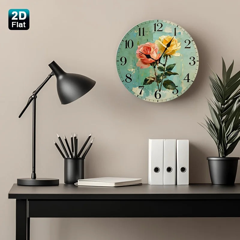 horloge murale bois fleurs roses vintage aiguille circulaire 25cm étude déco maison