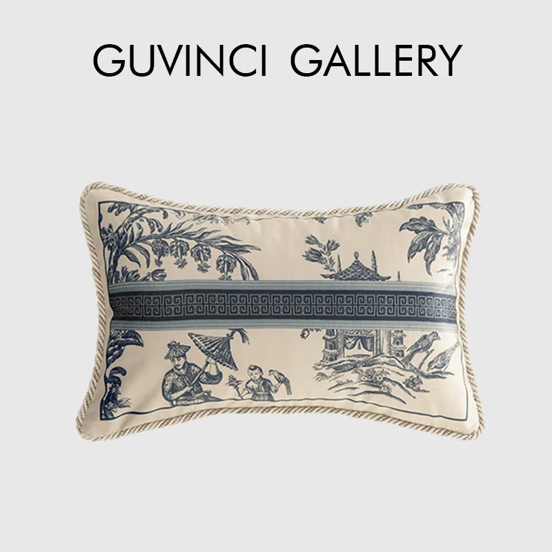 coussin vintage motif traditionnel beige bleu oiseaux fleurs structure respectueux environnement polyester doux 30x50cm