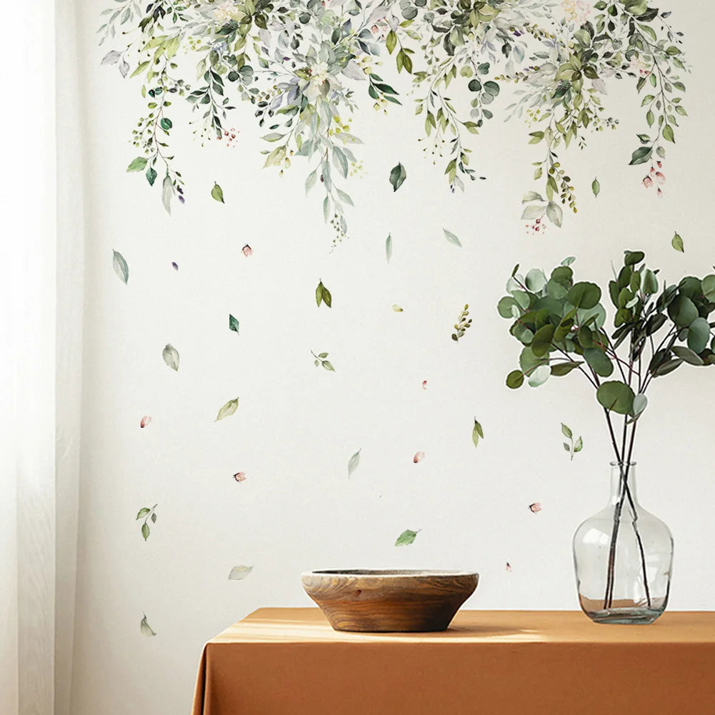 sticker mural adhésif feuilles branches fleurs aquarelle naturel bohème champêtre résistant eau
