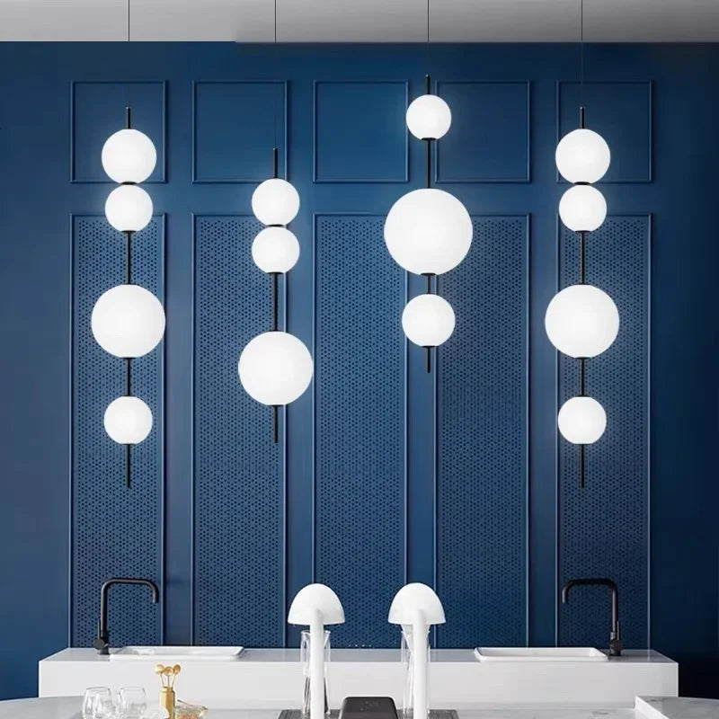 suspension lumineuse moderne sphères blanches brillantes minimaliste 80cm 85cm 103cm