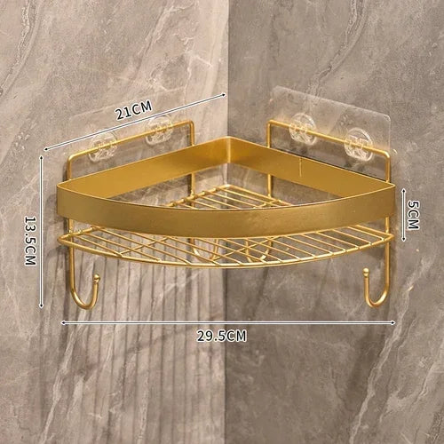 étagère salle bain dorée grille métal moderne fixée suction rangement produits toilette crochet