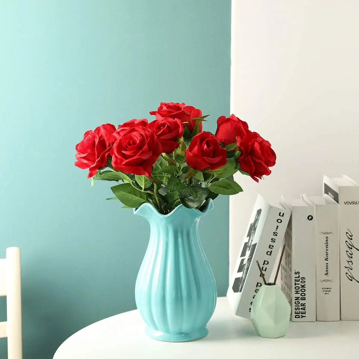 bouquet roses artificielles blanc rouge feuilles vertes classique decoration maison anniversaire saint valentinintérieur