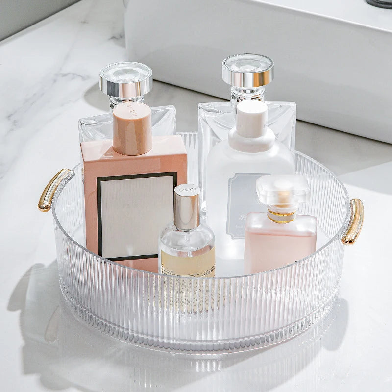 organisateur cosmétiques transparent moderne poignées dorées flacons lotion parfum crème nettoyant sérum baume moussant