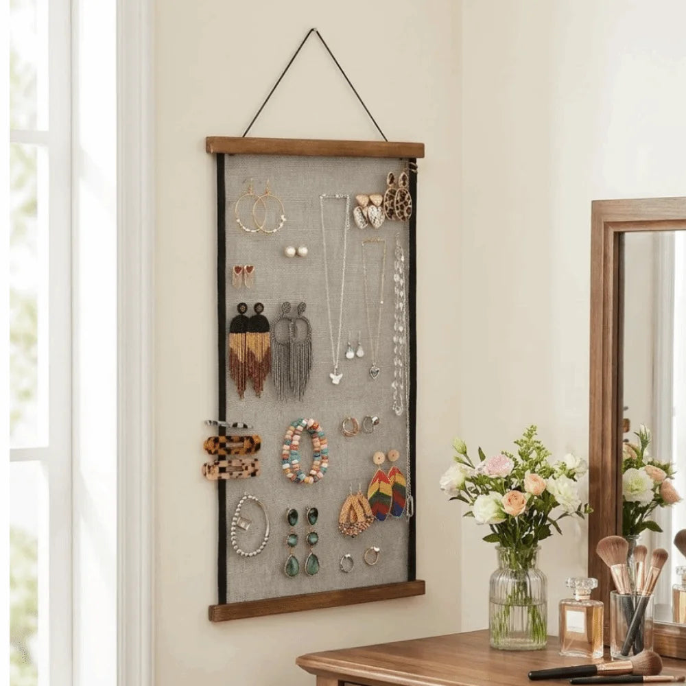 porte bijoux mural bois rustique gris brun clair toile lin multiple utilisation