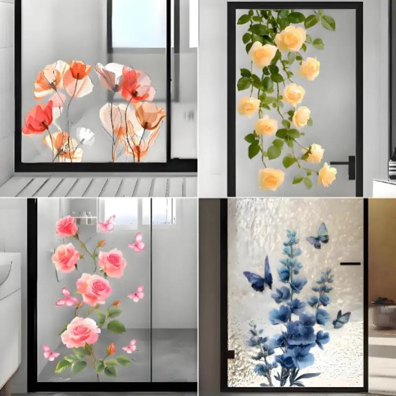 sticker decoratif fleurs papillons rouge rose violet bleu adhesif mur fenetre art floral