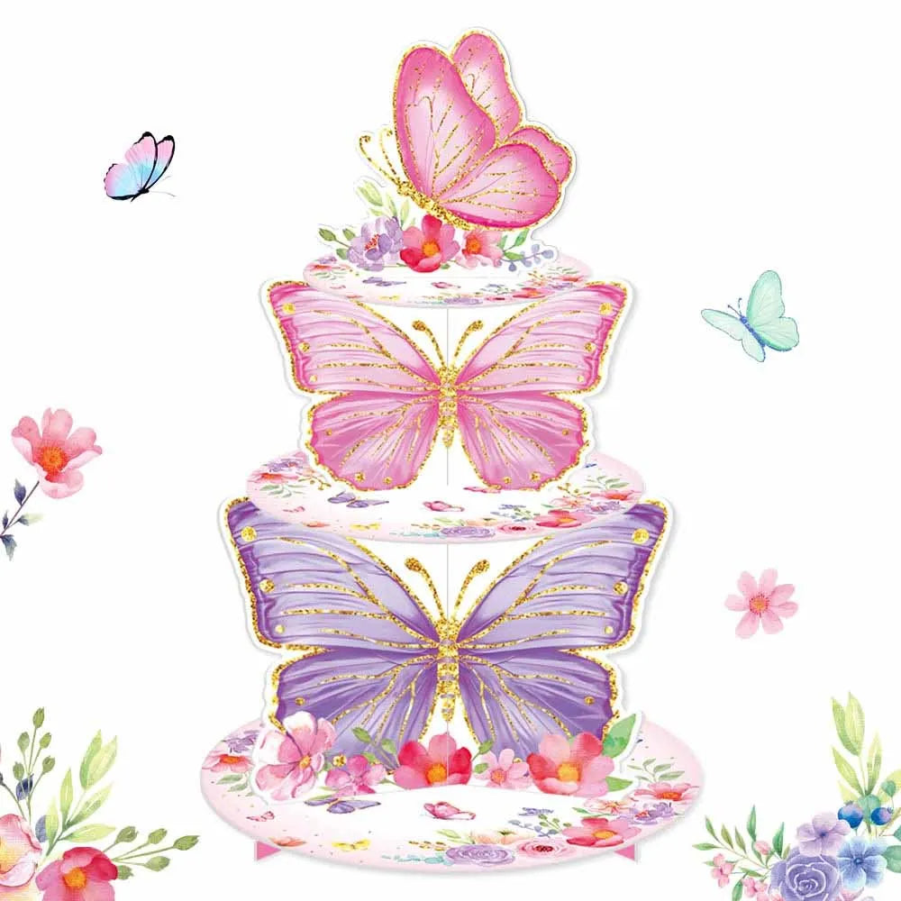 décoration gâteau papillons fleurs rose violet blanc doré piquet anniversaire mariage fête enfants