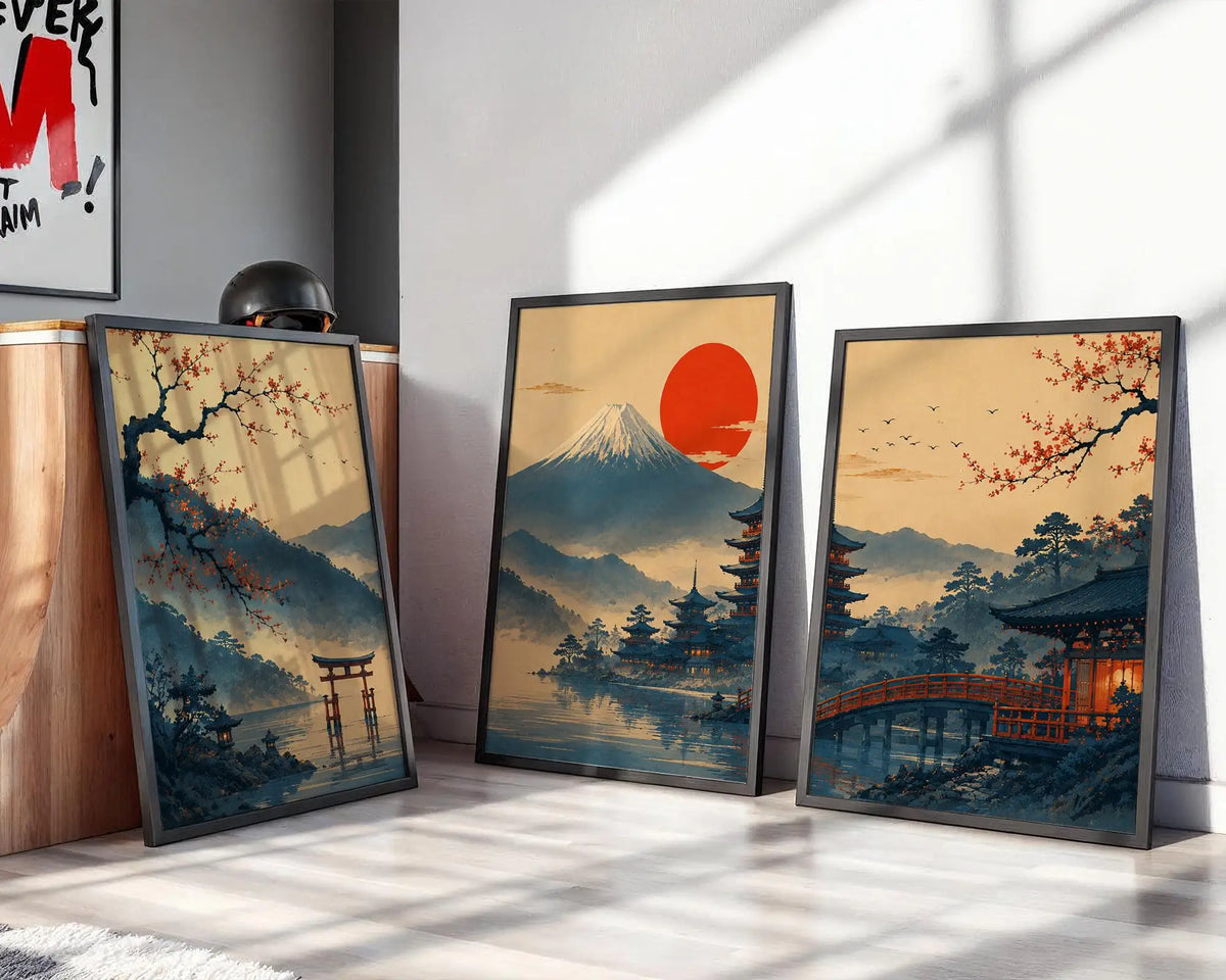 affiches ukiyo vintage paysage japonais tableaux imprimés toile fleurs montagne pont cadres bois