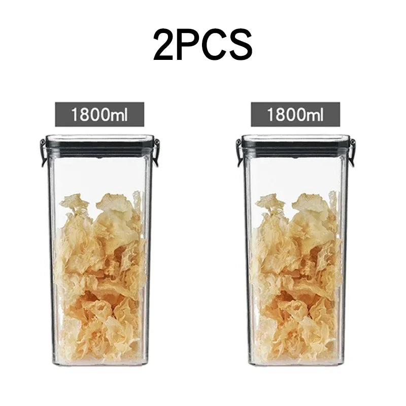 boîtes rangement alimentaire transparentes poignées noires multiple tailles réutilisables modernes pratiques épices pâtes graines