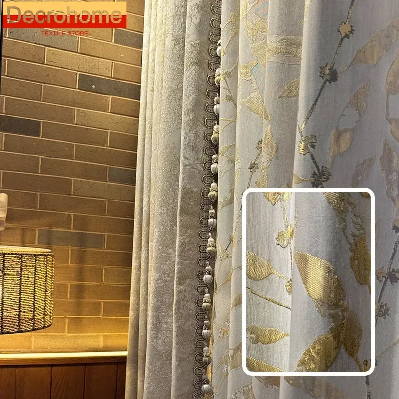 rideau occultant beige doré motif floral brodé classique ruban décoratif luxe