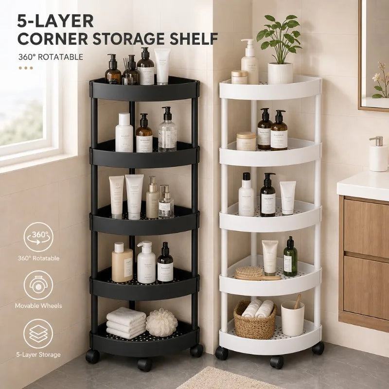 étagère d'angle rotative étages noir blanc moderne paniers osier rangement cuisine salle bain chambre