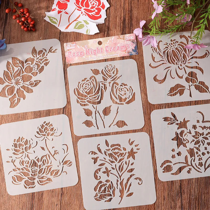 stencils fleurs stylisées tulipes roses blancs artisanal détaillé peinture bricolage scrapbooking