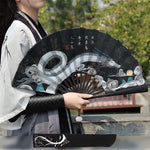 éventail traditionnel japonais paysages oiseaux bambou motifs floraux tassel noir bleu art traditionnel