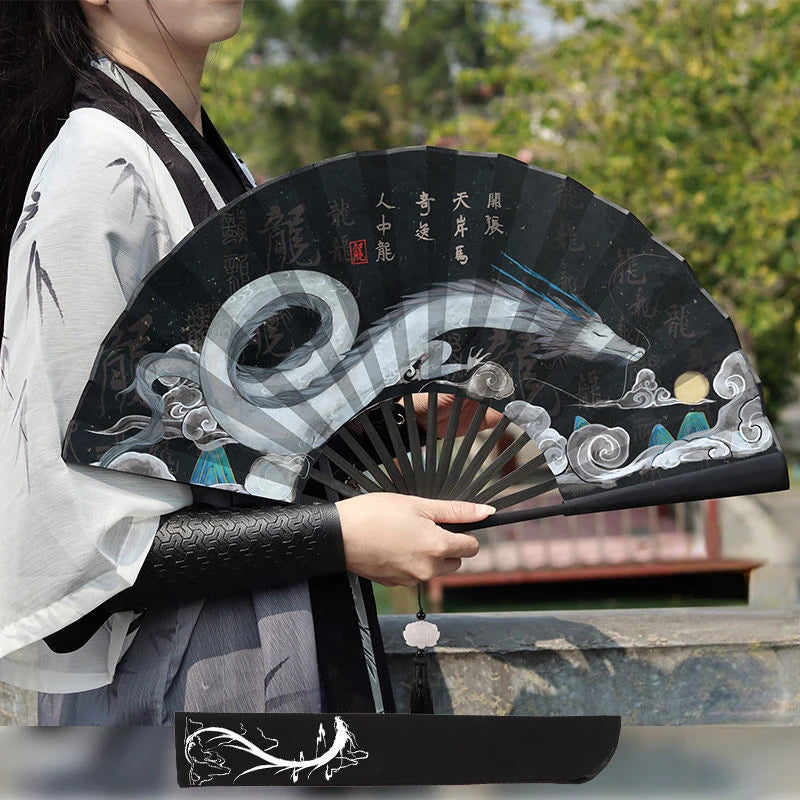 éventail traditionnel japonais paysages oiseaux bambou motifs floraux tassel noir bleu art traditionnel