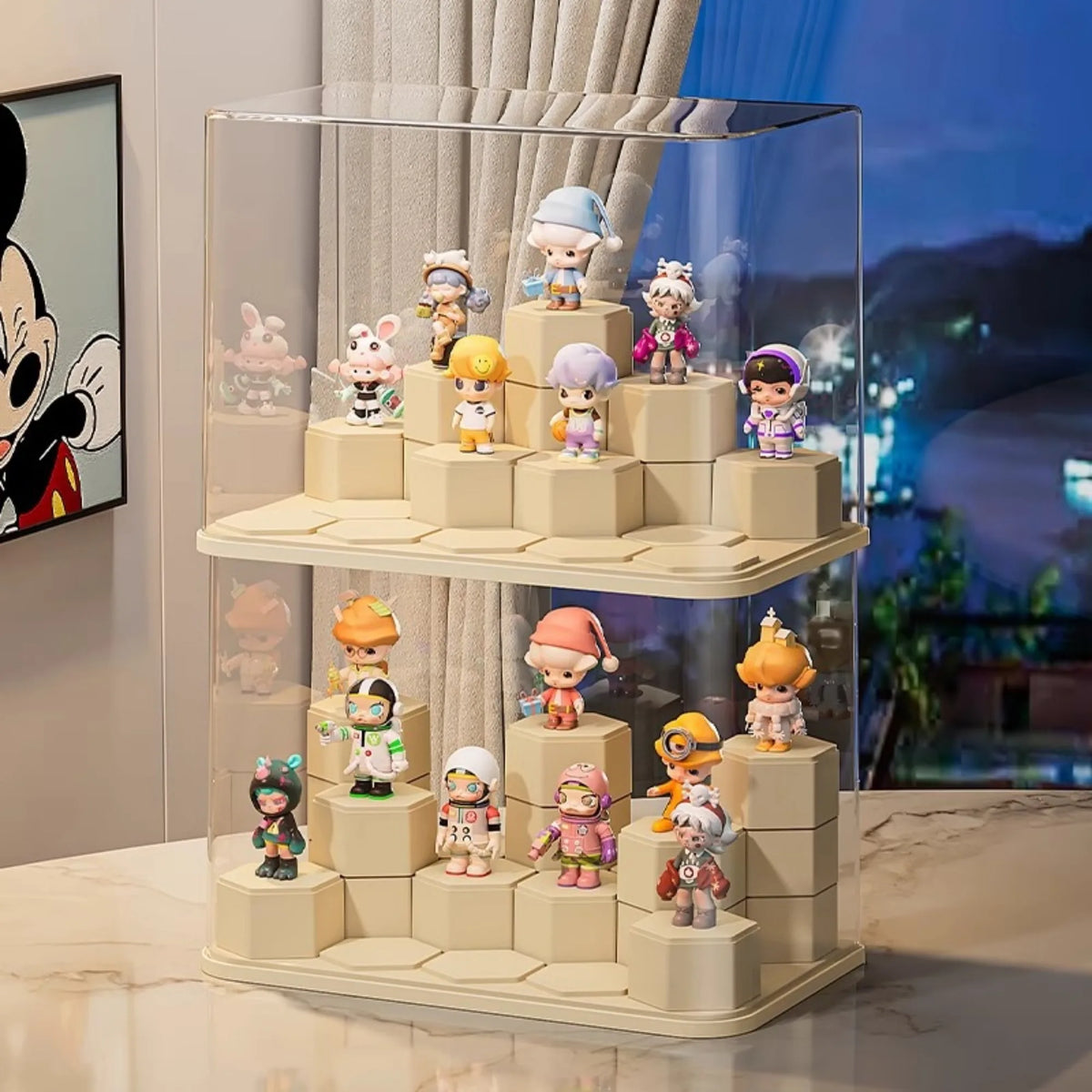 présentoir transparent modulaire solo salon respectueux environnement moderne cartoon figurines colorées hexagonal