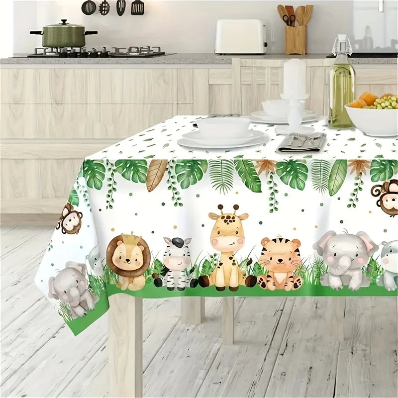 nappe rectangulaire animaux jungle décoration anniversaire éléphant girafe zèbre lion feuilles tropicales modernereuse maison