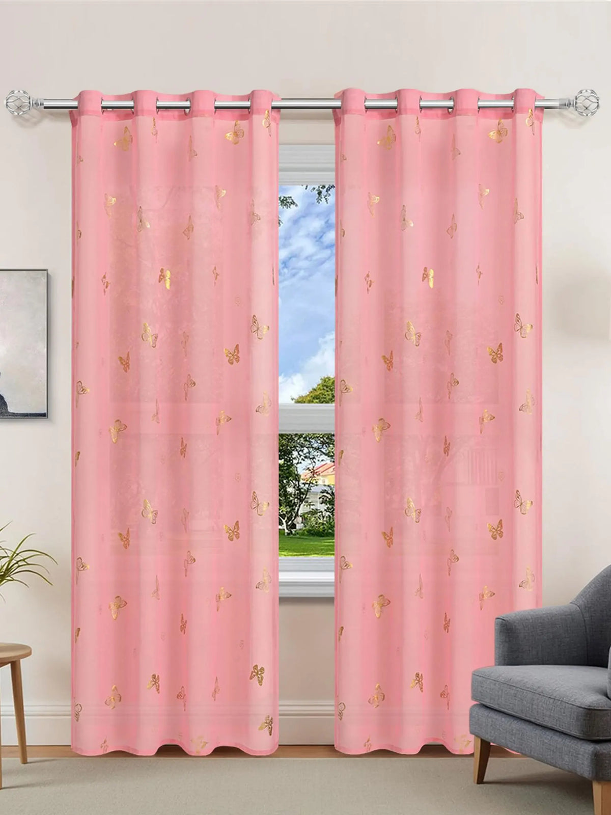 rideau transparent rose papillons dorés motif infini tissu polyester moderne décoration chambre salonhôtel