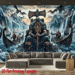 tapisserie viking bleu noir trône hache bateau dragon salon artique fantastique