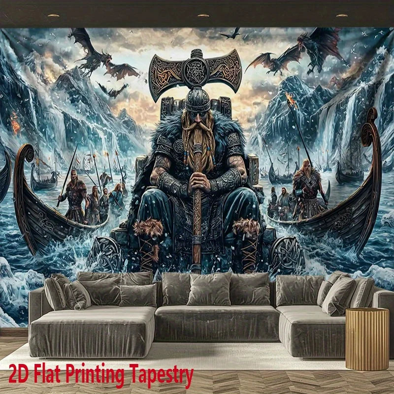 tapisserie viking bleu noir trône hache bateau dragon salon artique fantastique