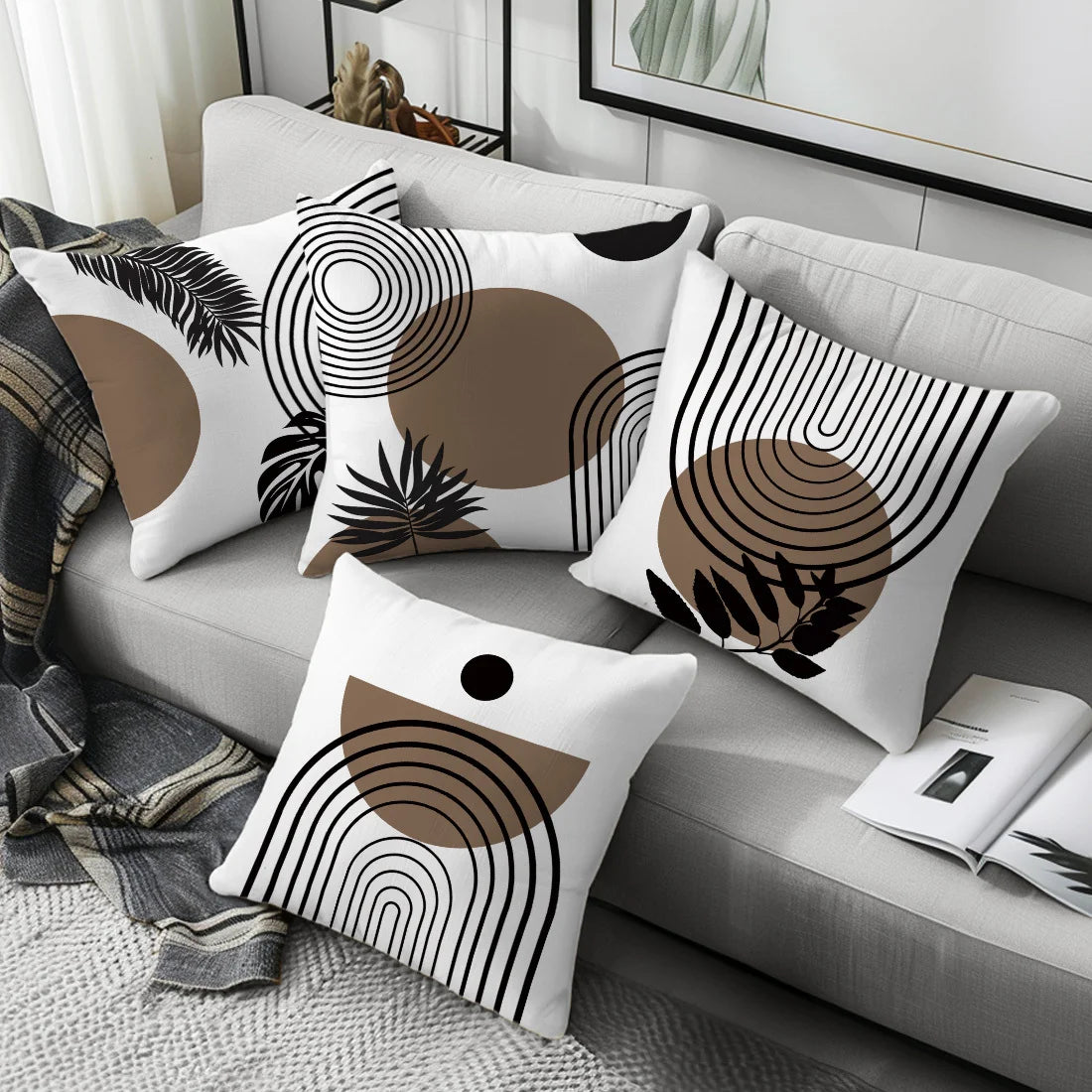 taies d'oreiller polyester motifs géométriques feuilles moderne blanc marron noir opaques canapé lit 40x40cm