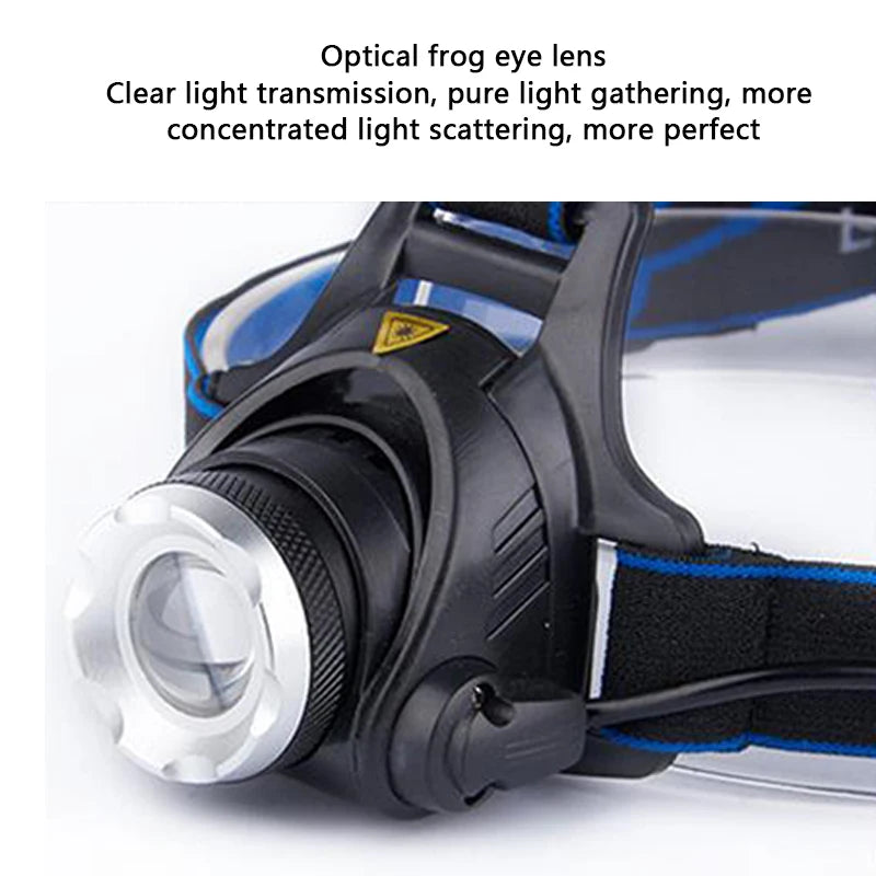 lampe frontale led noir bleu rayures texturée lentille transparente camping