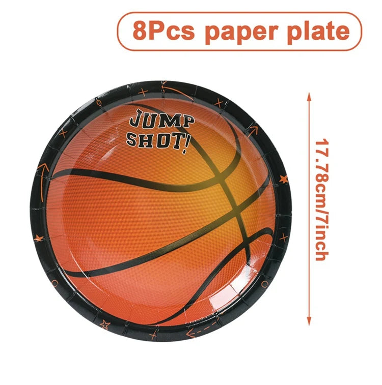 décoration fête anniversaire basket ball assiettes gobelets serviettes guirlande ballon bouteille table orange noir