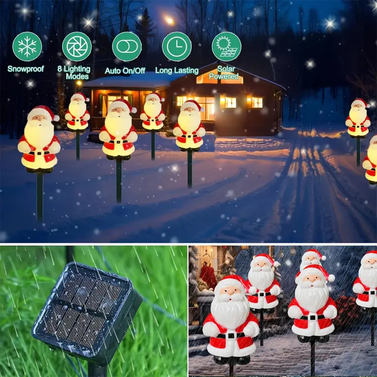 Lampes solaires Père Noël en détail montrant le design art déco