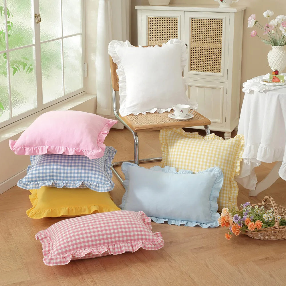 housse coussin coton carreaux floral volants lit salon décoration vintage douce bleuclair roseclair jauneclair