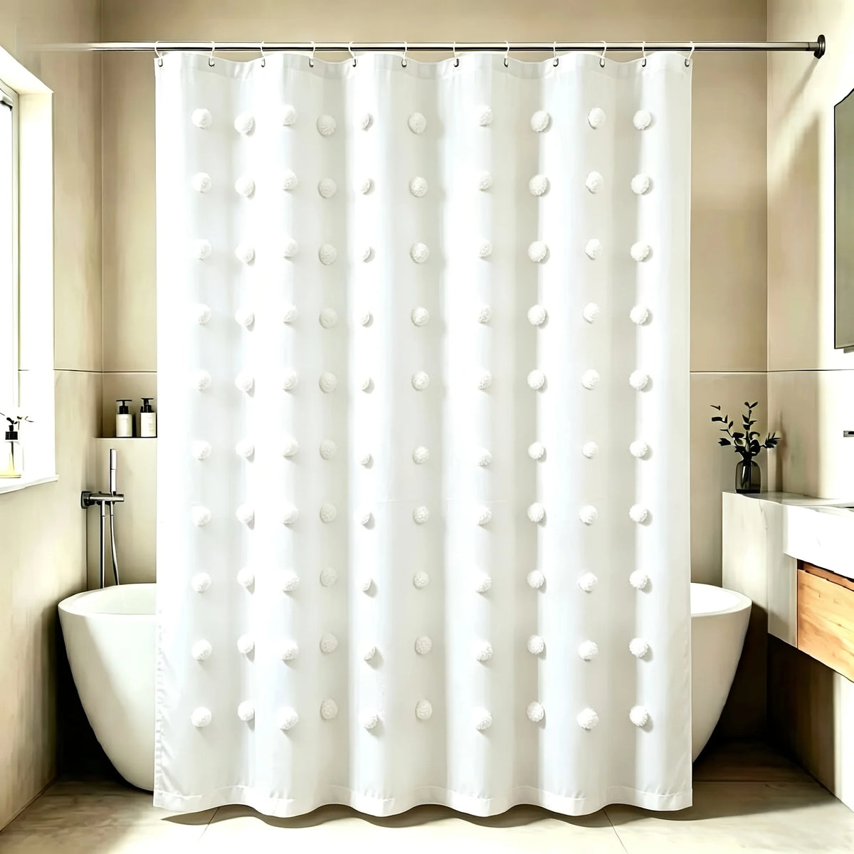 rideau douche blanc pompons polyester texture jacquard moderne respectueux environnement