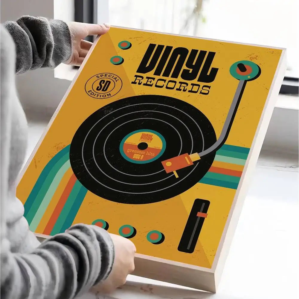 affiches murales vintage rétro disques vinyle illustration cassette audio chambre décoration noire orangée
