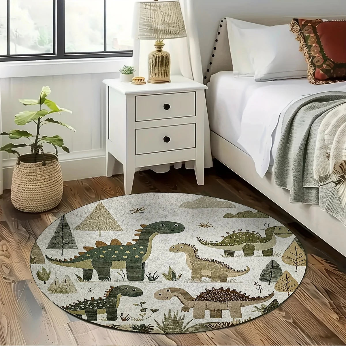 tapis rond moderne dinosaures arbres floral bébé chambre salon beige vert gris