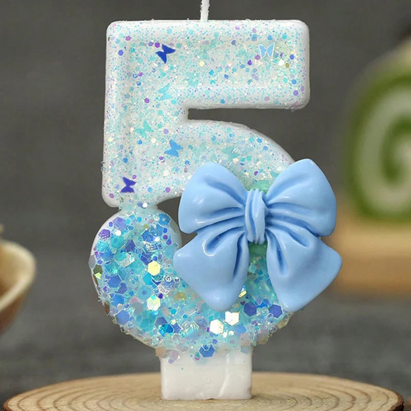 bougies anniversaire chiffres paillettes bleues rubans décoratives festives numérotées blanc
