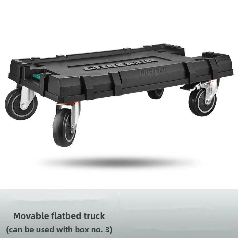 boîte outils modulaire noire verte pratique robuste poignées roulettes empilable grande capacité