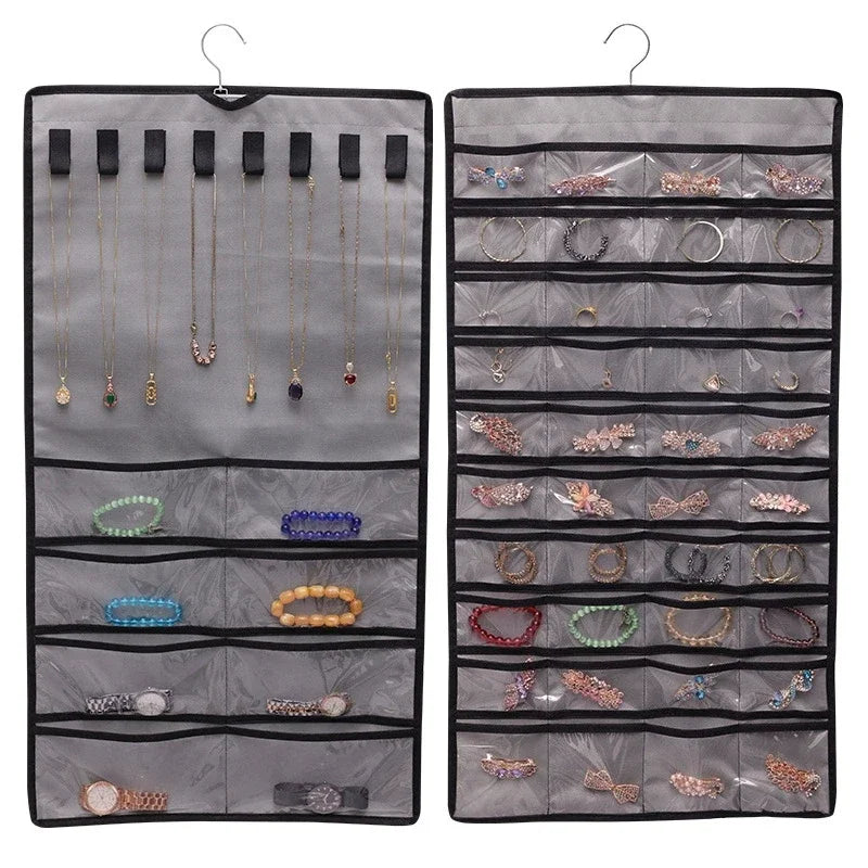 porte bijoux suspendu transparent moderne crochets grilles bagues boucles d'oreilles colliers montres cheveux beige