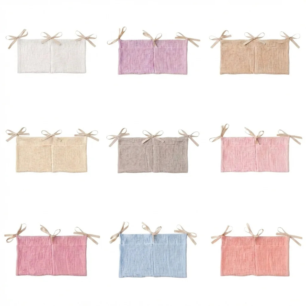 sac rangement lit bébé coton beige bleu rose simple rubans sécurité