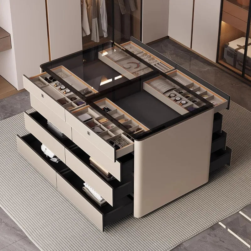 meuble salon armoire tiroirs beige noir poignées modernes minimaliste materiaux saddle skin verre assemblage