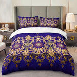 Détail du motif géométrique doré sur housse de couette