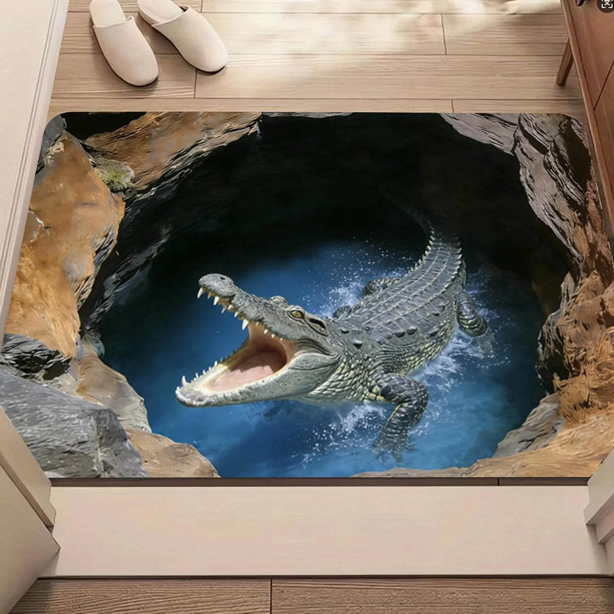 tapis sol 3d moderne bleu gris crocodile grotte eau antidérapant résistant extérieur 40x60cm