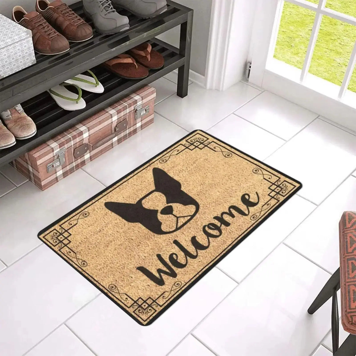 tapis bienvenue coir bulldog français welcome antidérapant adhésif extérieur moderne animalier