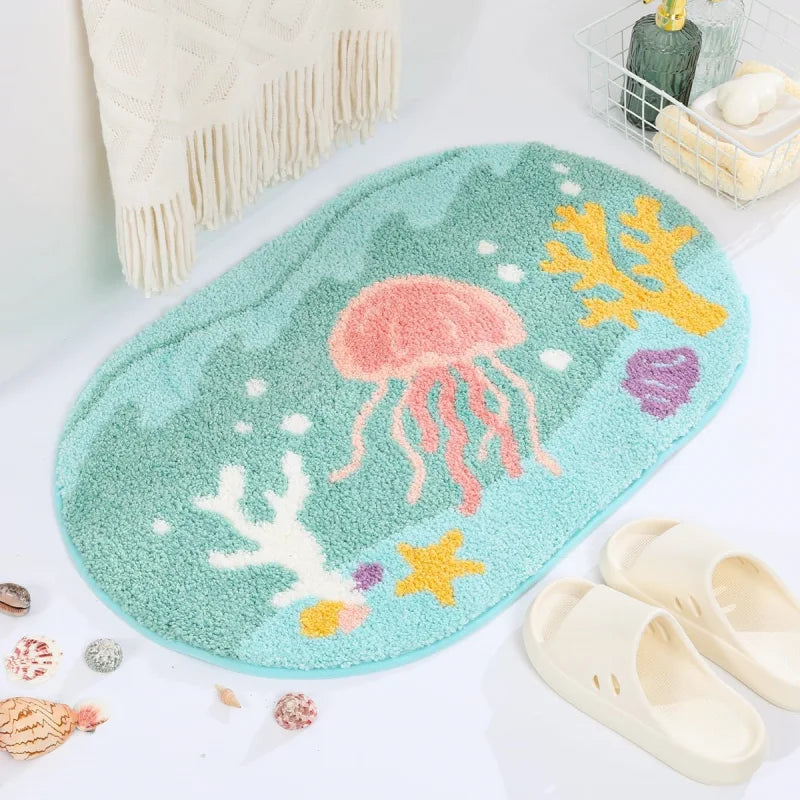 tapis bain antidérapant polyester motif méduse marine vert clair rose jaune bleu blanc moderne