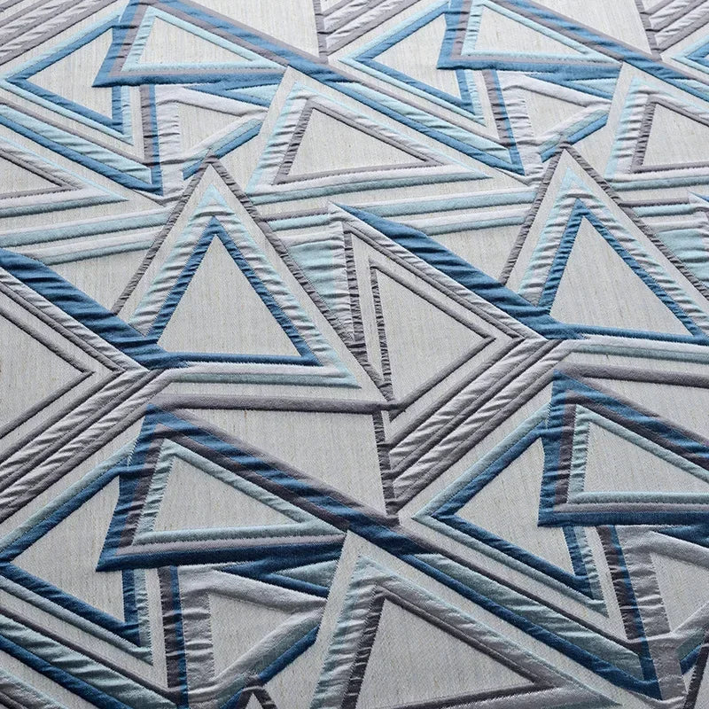 rideau moderne bleu gris blanc motif géométrique triangles opacité salon chambre fenêtre tissu polyester