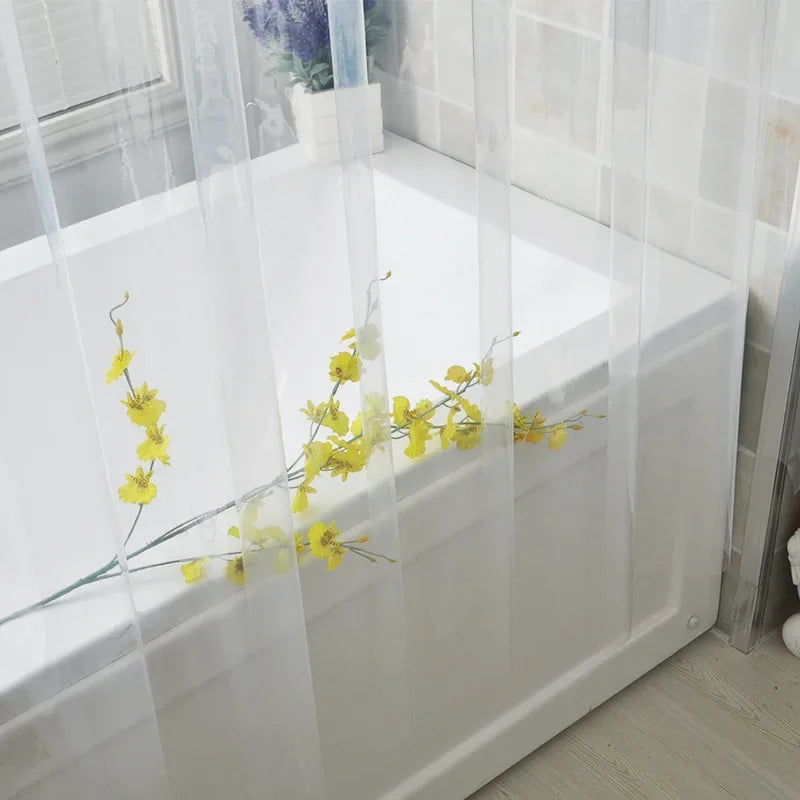 rideau douche transparent blanc translucide moderne anneaux métalliques salle bain
