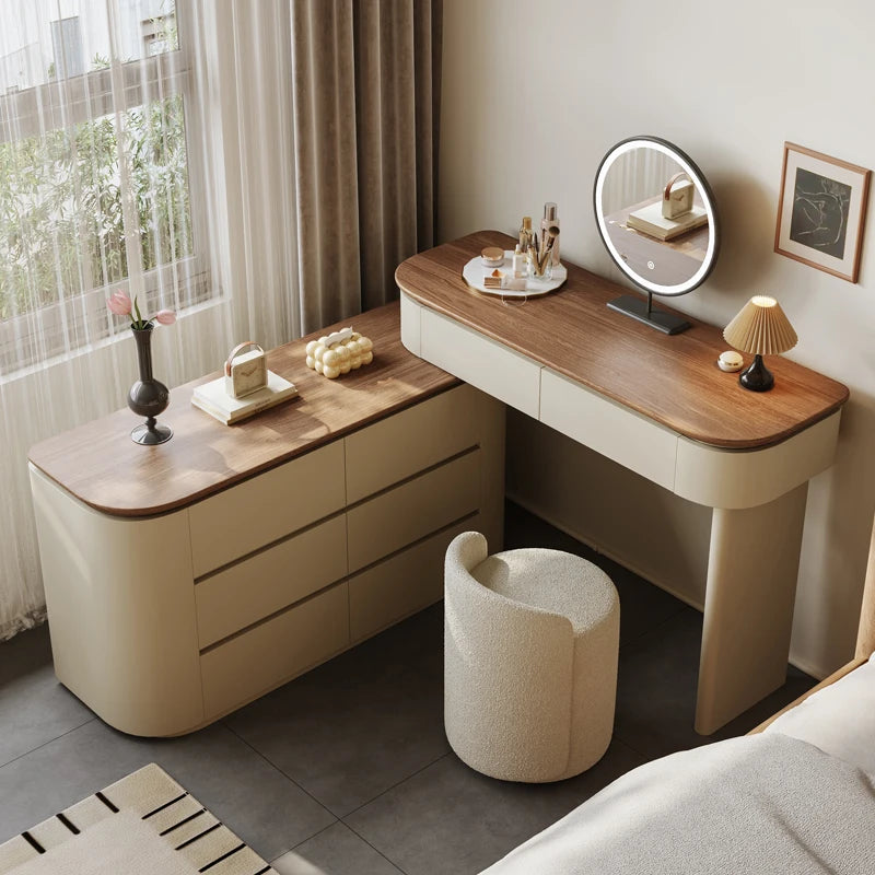 maquillage moderne plateau bois tabouret miroir rond horloge boîte bijoux