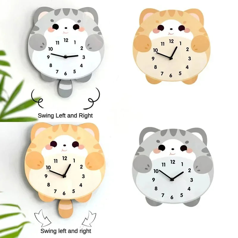 horloge murale balancière chaton mignon cartoon salon chambre quartz orange blanc gris