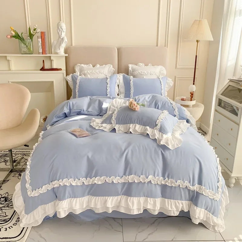 ensemble literie classique bleu clair ruches blanches taies oreiller couverture lit filles
