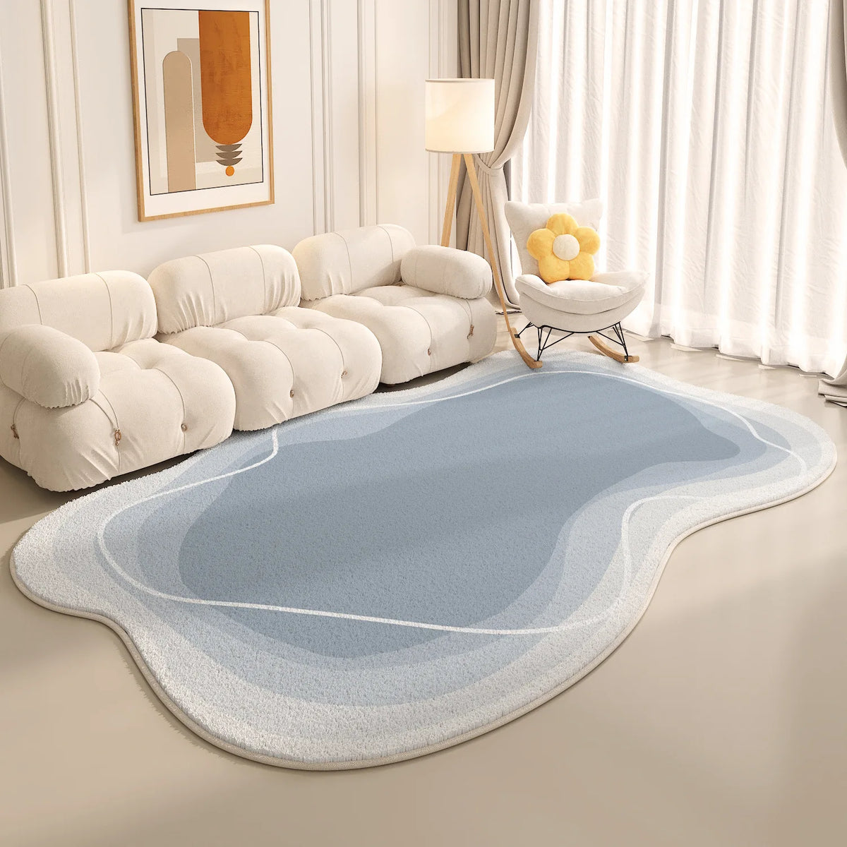 tapis salon moderne motif géométrique bleu gris beige blanc doux intérieur maison séjour confortable