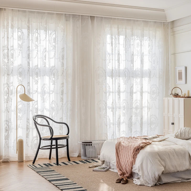 rideau transparent brodé fleurs classique polyester maison moderne blanc