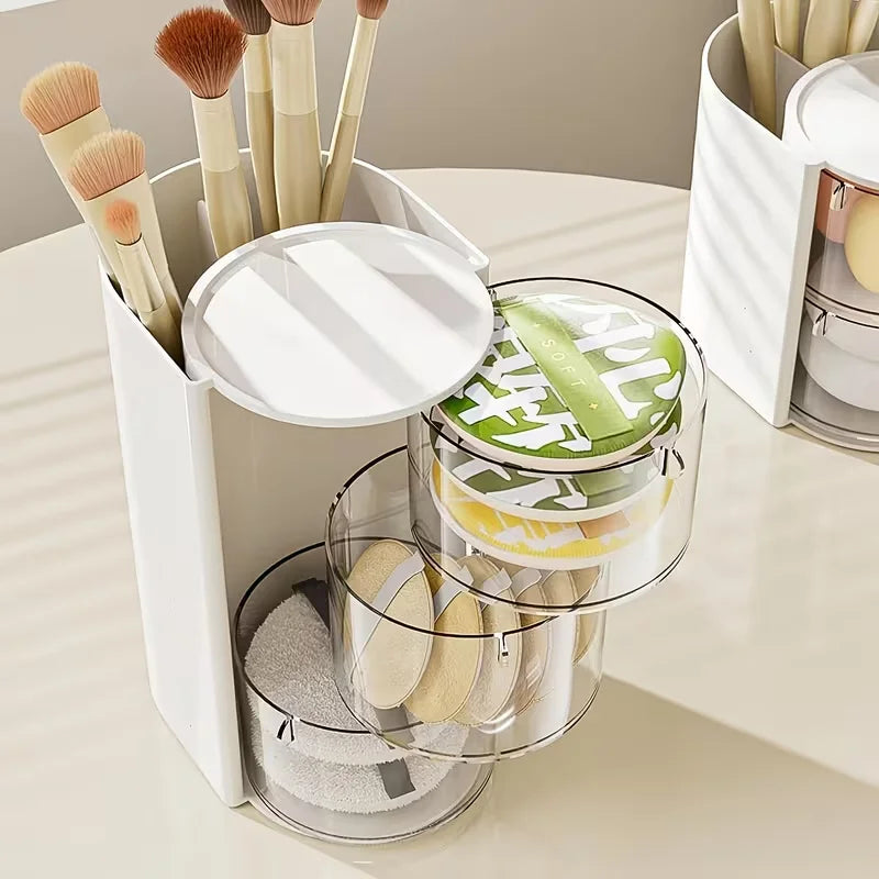rangement rotatif blanc rose pâle transparent moderne accessoires capillaires brosse poudre rubans élastiques minimaliste