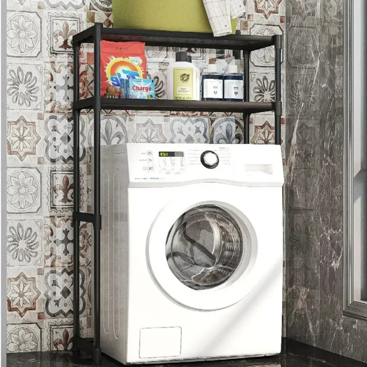 étagère rangement moderne multi niveaux blanc noir grande capacité sans perforation machine laver toilette
