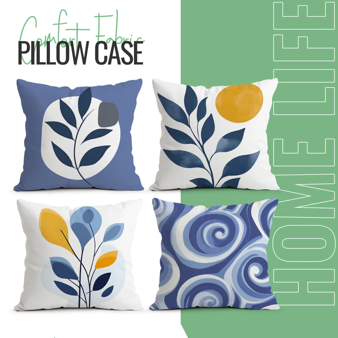 housse coussin géométrique bleu feuilles stylisées moderne 45cm 45cm zip invisible polyester maison