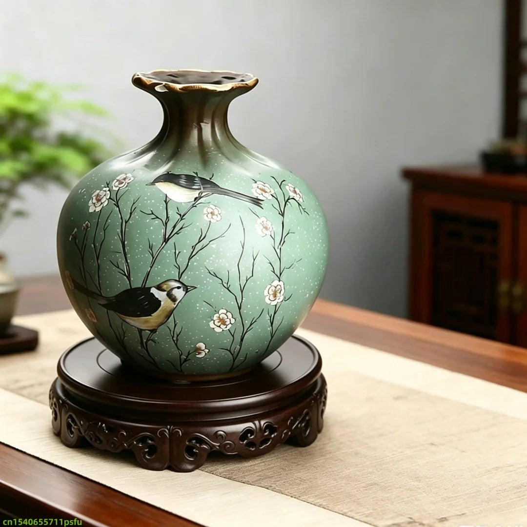 vase bois sculpté artisanal supports détaillés fleurs oiseaux traditionnel vert brun